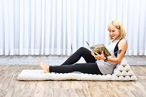 Leewadee Foldout Triangle Thai-Cushion Floor-Seat with Back-Rest TV Pillow Lounge-r Foldable Out-Door Mattress, 67x21x13 inches, Kapok, Ecru