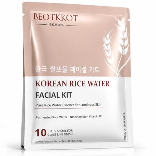Image of Korean Rice Water Facial Kit | 10-Step Facial Kit with 11 Sachets for 2 time Uses | Fermented Rice Water, Niacinamide, Sea Algae & Vitamin B5 | Instant Glow, Brightening, De-Tan & Deep Hydration | Dermatologically Tested | For All Skin Types