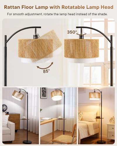 Image of PESRAE Rattan Floor Lamp for Living Room, Farmhouse Arc Standing Lamp | Side Table with lamp, 3 Color Temperatures, Rattan & Fabric Lamp Shades, Boho Standing Lamp for Living Room, Bedroom Corner