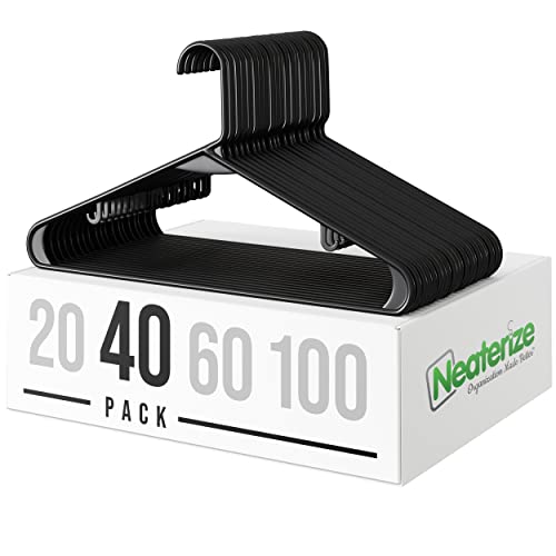 Plastic Clothes Hangers (20, 40, & 60 Packs) Heavy Duty Durable Coat and Clothes Hangers | Vibrant Color Hangers | Lightweight Space Saving Laundry Hangers (40 Pack - Black)