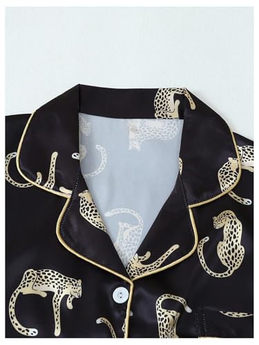 Image of SHENHE Women's 2 Piece Satin Pajama Set Leopard Short Sleeve Button Down Pj Shorts Set Black Small