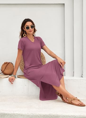 Image of MISFAY Womens Maxi Dress Short Sleeve V Neck Loose with Pockets | Soft stretchy breathable, v neck loose fit, side split hem, two side pockets, casual daily beach vacation travel dress
