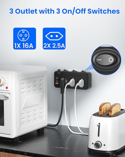 Mehrfachstecker für Steckdosen,3-Fach Mehrfachsteckdose,Steckdosenadapter Einzeln Schaltbar,Doppelstecker für Steckdose USB,2 Euro 1 Schuko Schutzkontakt,Dreierstecker Stecker mit Schalter,Schwarz 4