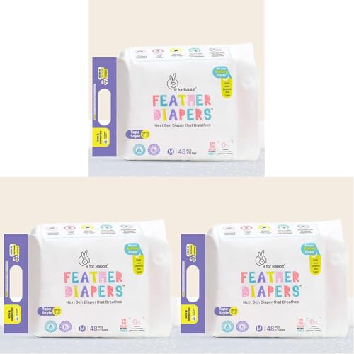 Image of R for Rabbit Medium M Size Premium Feather Diaper Tape Style for Baby 7 to 12 kgs (144 Pack Offer)