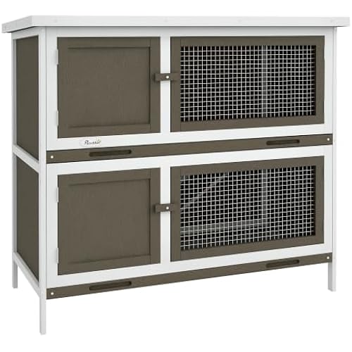 PawHut Wooden Bunny Rabbit Hutch, Small Animal Habitat with Ramp, Removable Tray & Weatherproof Roof, for Rabbits, Chickens, Ducks, Indoor/Outdoor, Brown