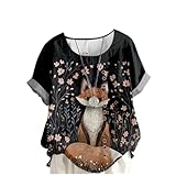 MARSVOVO Fox Shirts for Women Orange Fox and Boho Floral Print Loose Fit Crew Neck Button Down Plus Size Short Sleeve Blouses for Women,XL