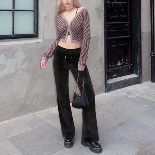 Image of BONVEN Womens Y2k Gothic Drawstring Flare Pants Streetwear Casual Star Rhinestone Low Rise Disco Pants Bell Bottoms