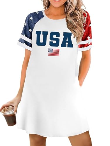 Image of YI XIANG RAN 4th of July Dress Women: American Flag Dresses USA Stars Stripes Shirt Patriotic Tshirt Summer Sundress