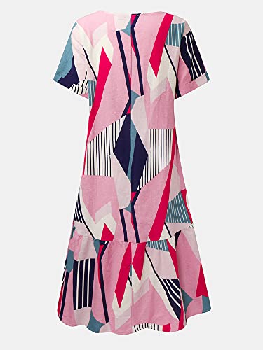 Zanzea Women's Geometric Ruffle Midi Dresses Bohemia Summer Round Neck Short Sleeve Casual Loose Beach Sundress Pink 4X-Large #TOP3