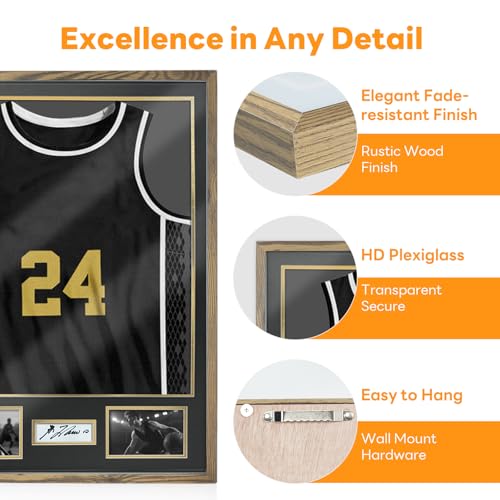 ASmileIndeep Jersey Frame Display Case,Large Jersey Shadow Box with 98% UV Protection Acrylic,Two Photo Frame One Signature Jersey Frame for Baseball Basketball Hockey Jersey and Uniform, Rustic Wood - Thumbnail 5