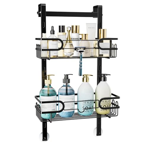 HapiRm Duschablage zum Hängen - Duschregal zum Hängen Einstellbar mit 2 Duschablage Ohne Bohren, Duschkorb zum Hängen mit Saugnäpfen für Glastür, Shower Shelf Shampoo Halterung für Dusche, Schwarz