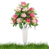 laxreheye Flores artificiales para tumba | falso recuerdo de flores con jarrón de varilla para flores artificiales de cementerio | para exteriores en primavera en el jardín, terraza en casa, patio