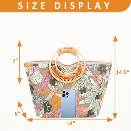 Bolso Tote de mujer con asa de bambú y bordado miniatura 4