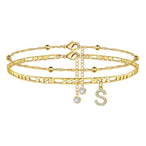 Ursteel Ankle Bracelets for Women, S Initial Anklet 14K Gold Plated Dainty Adjustable Layered Initial Anklets Set Beaded Chain Chain with Letter S Anklets with Initials for Women Jewelry Gifts Cover