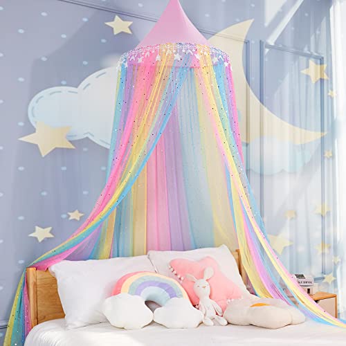 Rainbow Bed Canopy For Girls,Shiny Kids Princess Round Dome Bed Curtain With Star Moon Glitter,Kids Crib Canopy Play Tent Canopy Dreamy Bed Netting For Girls Bedroom Decor Children Reading Corners #TOP4