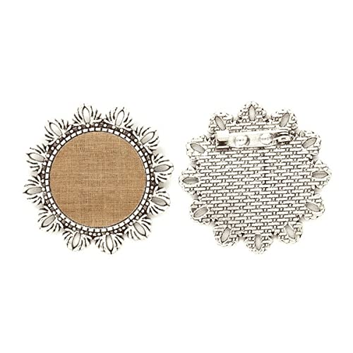 Broche de lino caqui con flores plateadas mediano para ropa
