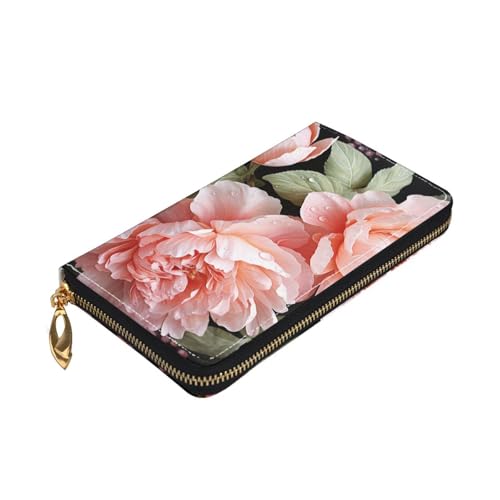 Peony Flowers Rose Women Wallets Leather Zip Around Clutch Purses Waterproof Credit Card Holder With Phone Holder Ladies Travel Coin Purse3