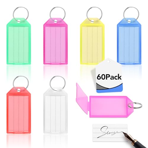 60 Stück Schlüsselanhänger mit Beschreibbaren Etiketten 6 Farben,Set Schlüsselanhänger Beschriftbar mit Deckel und Schlaufen,SchlüSsel Beschriftung zum Beschriften Schlüsselschilder DIY