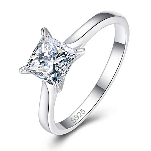 AVECON Simple Rings for Women Girl Solid 925 Sterling Silver Solitaire Ring Princess Cut Cubic Zirconia CZ Thin Band for Mother's Day Size S