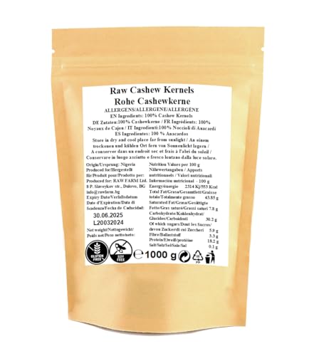 1kg rohe Cashewkerne, Ganze Nüsse, glutenfrei, sojafrei - Raw Farm