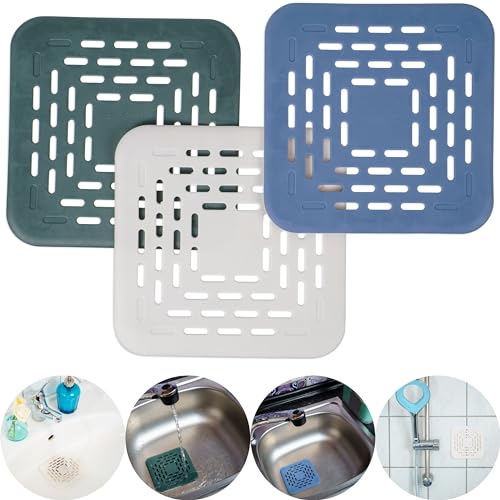 Colador de Drenaje, 3 Piezas, 13 x 13 cm, Blanco, Verde y Azul, con 4 ventosas, colador de Pelo para Ducha, Receptor de Pelo bañera, coladore desagüe Cocina, protección contra atasco por sifón