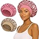 2 Stück Satin Bonnet, Satin Haarhaube, Haarhaube für Die Nacht, Seidenhaube zum Schlafen, Wiederverwendbare Silk Bonnet Seidenhaube, Hair Bonnet für Damen und Mädchen (Goldgrau, Rosa)