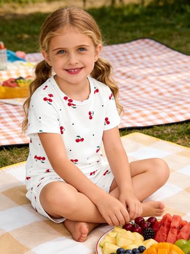 Image of KIDLAGA Girls Two Piece Sets Cherry Pattern Short Sleeve Shirts and Shorts Set With Pockets Girls Summer Outfits Size 7-14