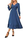 Picture of Dokotoo Midi Dresses for Women 2026 Fashion Wrap V-Neck Long Sleeve Empire Waist Elegant Dresses Ruched Ruffle Flowy Hem Spring Dresses Blue Medium