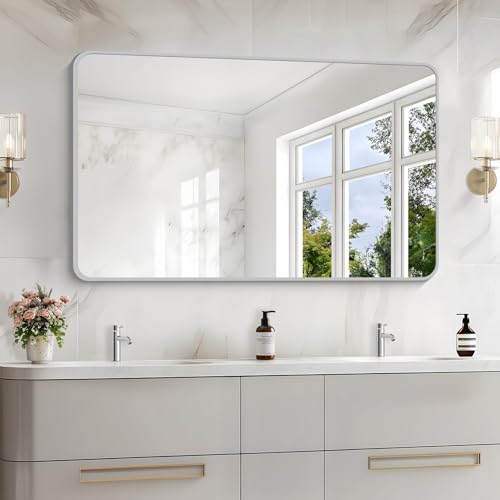 Image of 48x30 Inch Silver Bathroom Mirror, Metal Framed Silver Rectangle Mirrors, Rounded Rectangular Vanity Mirror, Wall Mounted Mirrors for Living Room Bedroom Entryway Hangs Horizontal or Vertical
