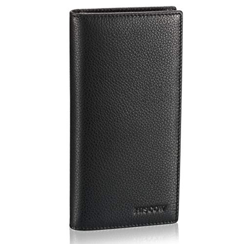 Image of HISCOW Full Grain Leather Men's Long Wallet, 15 Card Slots, Pebbled Black, One Size, Classic | Gusseted bill compartment, tall bifold design, clear ID window, ideal for coat pockets or briefcases, turned-edge, gift box