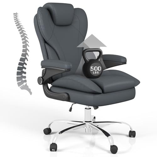 Office Desk Chair, Executive Leather Office Chair, High Back Ergonomic Home Desk Chair with Padded Flip-up Arms, Big and Tall Computer Chair with Rocking Function, 360°Swivel Free, Gray