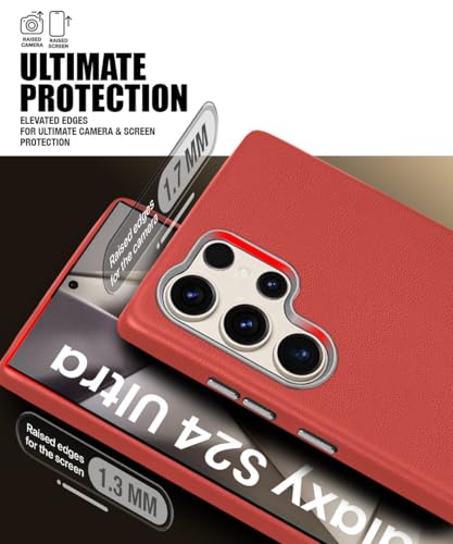 Image of WOW IMAGINE Back Cover for Samsung Galaxy S24 Ultra 5G | Shockproof Tough Leather Texture Hard Mobile Case | Ultra Slim Non-Slip Grip | Inner Velvet Fabric | Metal Camera Ring - Crimson Red