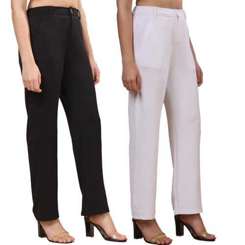 Image of Pack of 2 Women's Regular Fit Solid Cotton Blend Trousers - Soft, Breathable & Stretchable Bottom Wear for Office, Casual Outings & Daily Comfort