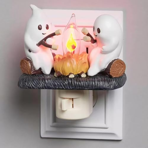 Image of Ghost Campfire Flickering NightLight, Ghosts Campfire Flicker Flame Halloween Nightlight, 3D LED Small Electric Faux Campfire Night Light, Spooky Fire Marshmallow Night Light Halloween Gifts (1)