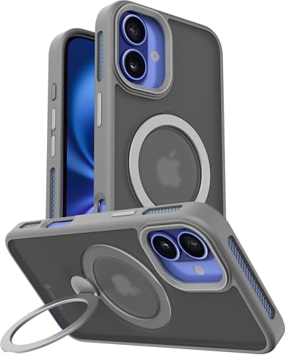 Image of eller sante Maximus Back Cover Case for iPhone 16 Plus with Magnetic Ring Metal Kickstand Camera Screen Protector TPU Shockproof 10ft Drop Protection Compatible with Mag-Safe- Grey