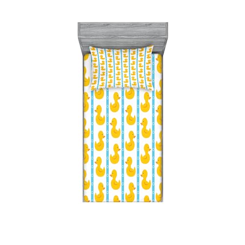 Ambesonne Rubber Duck Fitted Sheet & Pillow Sham Set, Duckies on Stripes and Small Circles Play Toys Pattern Print, Decorative Printed 2 Piece Bedding Decor Set, Twinxl, Blue Yellow
