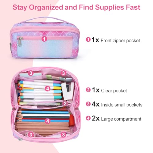 Image of Pencil Case for Girls, Durable Kids Pencil Pouch for School, Wide Opening Soft Pen Bag with Handle, Fits 50 Pens & Markers (Glitter Pink Memarid)
