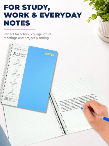 Image of DOODLE Focus Flow 5 Subject Spiral Notebook Set of 2 | Teal + Light Blue | 200 Sheets Each, College Ruled Paper | Notebooks with Dividers & Water Resistant Covers for School & Study Notes