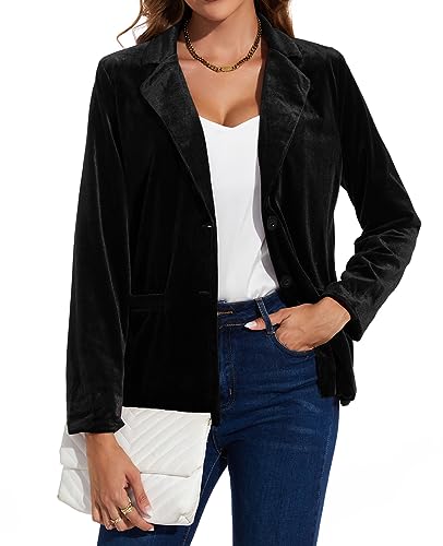 MINTLIMIT Velvet Blazers for Women Notched Lapel Long Sleeve Lapel Button Suit Blazer for Bussiness Casual, XL, Black