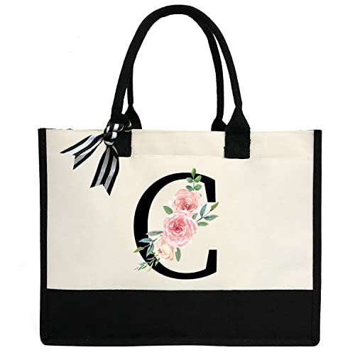 Bolsa feminina de lona com inicial personalizada, bolsa de praia com bolso interno com zíper para casamento, aniversário, praia, férias, C, Large