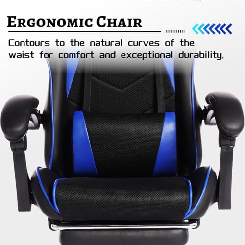 Image of Gaming Desk Chair for Adults, Ergonomic Gaming Chair with Footrest & Headrest and Lumbar Support, Leather Material Height Adjustable Computer Video Game Chairs (Blue Upgrade)