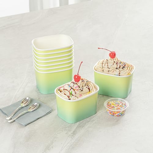 Image of Restaurantware Paper Cups 50 Count 12 Ounce Square Disposable Ice Cream Containers, Leak-Resistant Paper Dessert To Go Cups, Hot And Cold Food, Durable Teal And Green Ombre Design