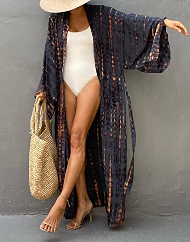 Women's Open Front Tie Dye Long Kimono Cover Ups with Belt Summer Loose Long Kimono Robe Swimsuits (One Size, Dark Grey)3