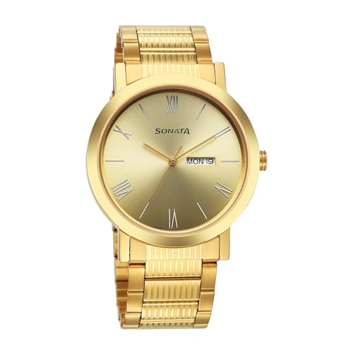 Sonata Utsav Quartz Analog with Day and Date Champagne Dial Stainless Steel Strap Watch for Men-77108YM11 (B0CY5GK9GY) Amazon Price History, Amazon Price Tracker