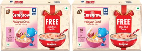 Image of CEREGROW with NO Refined Sugar, Multigrain Cereal with Milk & Fruits, Source of 19 Nutrients (Iron, Omega 3, Protein, Calcium), Free Steel Bowl, 300g, Bag-in-Box Pack (Pack of 2)