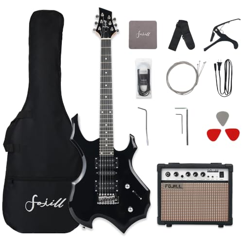Fojill Heavy Metal Cool Shape Electric Guitar Kit Set Beginner Starter Combo Package Bundle 20W Amplifier Amp Accessory Padded gig Bag,Picks, Cable,Strap,Extra Strings (FCGK-50, Black)
