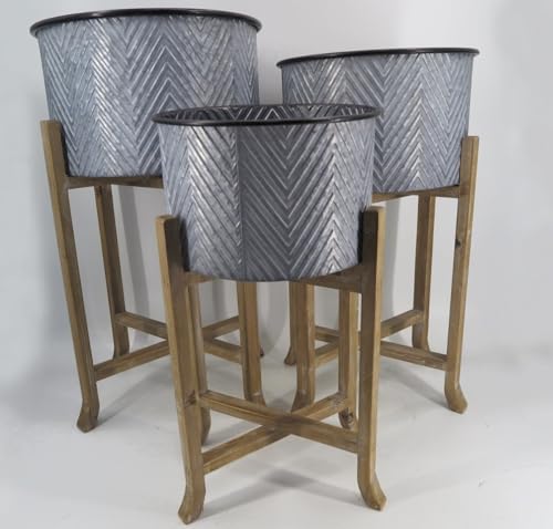 212 Main Metal Pots on Wood Stands Planters, Set of 3