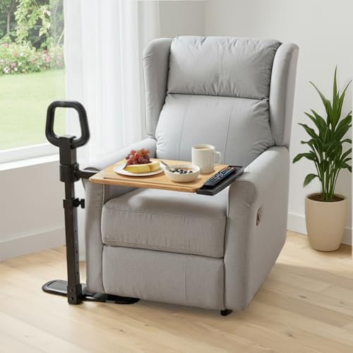 PELEGON Tray Table, 360° Swivel Table for Recliner, Adjustable Height with X-Large Table for Eating and Laptop, TV Trays for Couches & Chairs with Ergonomic Stand Assist Safety Handle for Elderly