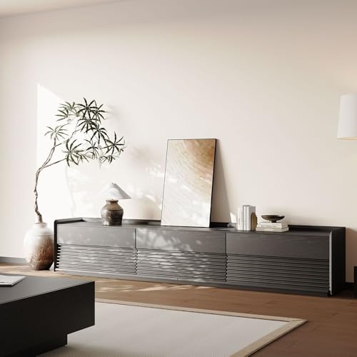 Image of POVISON Fully-Assembled Mid Century Modern TV Stand, 94.49 inch Wood Media Console with Adjustable LED Light, Entertainment Center with Storage for Living Room