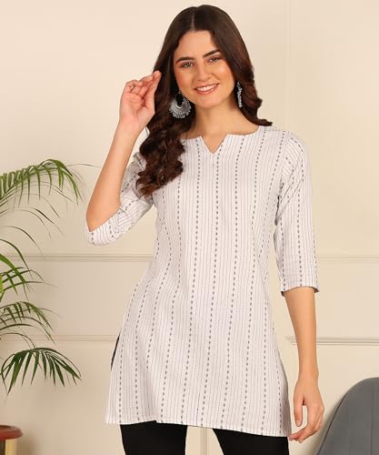 Image of DSK Studio Women's Cotton Short Kurti with Notch Neck Line 3 /4th Sleeves Abstract Pattern Short Length and Regular Fit